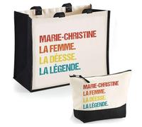 Planetee Duo Cabas Jute et Trousse Noire Marie-Christine Déesse Légende Vintage - Cadeau Anniversaire Fête des Mères Noël Femme - Sac Cabas Shopping avec Pochette