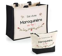 Planetee Duo Cabas Jute et Trousse Noire Maroquinière au Top - Cadeau Femme Collègue Retraite Remerciement Secret Santa - Sac de Shopping avec Pochette