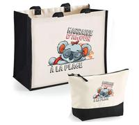 Planetee Duo Cabas Jute et Trousse Noire Marraine à la Plage - Cadeau Anniversaire Fête des Mères Noël Femme - Sac Cabas Shopping avec Pochette