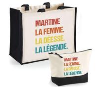 Planetee Duo Cabas Jute et Trousse Noire Martine Déesse Légende Vintage - Cadeau Anniversaire Fête des Mères Noël Femme - Sac Cabas Shopping avec Pochette