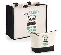 Planetee Duo Cabas Jute et Trousse Noire Maya Pas Touche Panda Sac Cabas Shopping avec Pochette Cadeau Anniversaire Noël