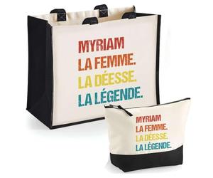 Planetee Duo Cabas Jute et Trousse Noire Myriam Déesse Légende Vintage - Cadeau Anniversaire Fête des Mères Noël Femme - Sac Cabas Shopping avec Pochette