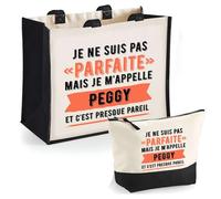 Planetee Duo Cabas Jute et Trousse Noire Peggy Parfaite - Cadeau Femme Anniversaire Noël fête des Mères Mamie - Sac Shopping Courses et Pochette