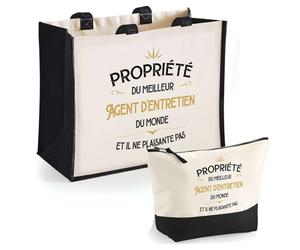 Planetee Duo Cabas Jute et Trousse Noire Propriété du Meilleur Agent d'entretien - Cadeau collègue Homme Retraite Secret Santa - Sac Shopping Courses et Pochette