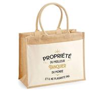Planetee Duo Cabas Jute et Trousse Noire Propriété du Meilleur Banquier - Cadeau collègue Homme Retraite Secret Santa - Sac Shopping Courses et Pochette