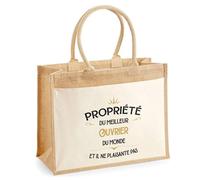 Planetee Duo Cabas Jute et Trousse Noire Propriété du Meilleur Ouvrier - Cadeau collègue Homme Retraite Secret Santa - Sac Shopping Courses et Pochette
