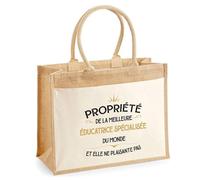 Planetee Duo Cabas Jute et Trousse Noire Propriété Meilleure Éducatrice spécialisée - Cadeau collègue Femme Retraite Secret Santa - Sac Shopping Courses et Pochette