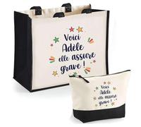 Planetee Duo Trousse et Cabas Jute Noir Adèle Elle Assure Grave - Cadeau Femme Anniversaire Noël - Sac Cabas Shopping et Trousse Maquillage