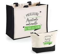 Planetee Duo Trousse et Cabas Jute Noir Assistante Maternelle Meilleure de Tous Les Temps Femme- Cadeau Nounou Femme idéal Fin d'années - Sac de Course Pochette