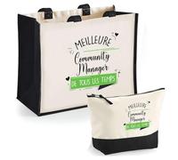 Planetee Duo Trousse et Cabas Jute Noir Community Manager Meilleure de Tous Les Temps Femme- Cadeau Femme Travail Collègue Retraite - Sac Cabas Shopping et Trousse Maquillage