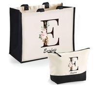 Planetee Duo Trousse et Cabas Jute Noir Eugénie Lettre Fleur- Cadeau Femme Travail Collègue Retraite - Sac Cabas Shopping et Trousse Maquillage
