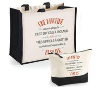 Planetee Duo trousse et cabas jute noir Une Martine aussi géniale- Cadeau Femme Travail Collègue Retraite - Sac Cabas Shopping et Trousse Maquillage