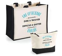Planetee Duo Trousse et Cabas Jute Noir Une Opticienne Formidable- Cadeau Femme Travail Collègue Retraite - Sac Cabas Shopping et Trousse Maquillage