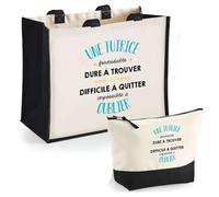 Planetee Duo Trousse et Cabas Jute Noir Une Tutrice Formidable - Sac Cabas Shopping et Pochette - Cadeau Fin d'années Ecole