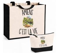 Planetee Ensemble Cabas et Trousse Amiens c’est la vie | Sac Coton et Jute 21 L avec Trousse Zippée 3 L Assortie | Anses 60 cm | Cadeau Amiénois Amiénoise Anniversaire