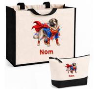 Planetee Ensemble Cabas et Trousse Berger du Caucase | Sac Coton et Jute 21 L avec Trousse Zippée 3 L Assortie | Anses 60 cm | Cadeau Propriétaire Chien Anniversaire