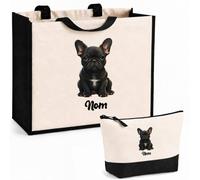 Planetee Ensemble Cabas et Trousse Bouledogue Français Noir | Sac Coton et Jute 21 L avec Trousse Zippée 3 L Assortie | Anses 60 cm | Cadeau Propriétaire Chien Anniversaire