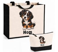 Planetee Ensemble Cabas et Trousse Bouvier Bernois | Sac Coton et Jute 21 L avec Trousse Zippée 3 L Assortie | Anses 60 cm | Cadeau Propriétaire Chien Anniversaire