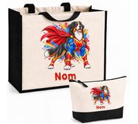 Planetee Ensemble Cabas et Trousse Bouvier Bernois | Sac Coton et Jute 21 L avec Trousse Zippée 3 L Assortie | Anses 60 cm | Cadeau Propriétaire Chien Anniversaire