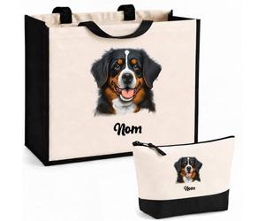 Planetee Ensemble Cabas et Trousse Bouvier Bernois | Sac Coton et Jute 21 L avec Trousse Zippée 3 L Assortie | Anses 60 cm | Cadeau Propriétaire Chien Anniversaire