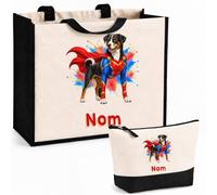 Planetee Ensemble Cabas et Trousse Bouvier d'Appenzell | Sac Coton et Jute 21 L avec Trousse Zippée 3 L Assortie | Anses 60 cm | Cadeau Propriétaire Chien Anniversaire