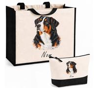 Planetee Ensemble Cabas et Trousse Bouvier d'Appenzell | Sac Coton et Jute 21 L avec Trousse Zippée 3 L Assortie | Anses 60 cm | Cadeau Propriétaire Chien Anniversaire