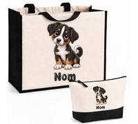 Planetee Ensemble Cabas et Trousse Bouvier d'Appenzell | Sac Coton et Jute 21 L avec Trousse Zippée 3 L Assortie | Anses 60 cm | Cadeau Propriétaire Chien Anniversaire