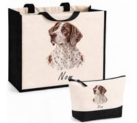 Planetee Ensemble Cabas et Trousse Braque du Bourbonnais | Sac Coton et Jute 21 L avec Trousse Zippée 3 L Assortie | Anses 60 cm | Cadeau Propriétaire Chien Anniversaire