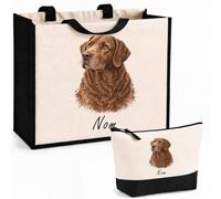 Planetee Ensemble Cabas et Trousse Chesapeake Bay Retriever | Sac Coton et Jute 21 L avec Trousse Zippée 3 L Assortie | Anses 60 cm | Cadeau Propriétaire Chien Anniversaire