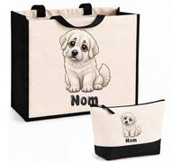 Planetee Ensemble Cabas et Trousse Chien de Montagne des Pyrénées | Sac Coton et Jute 21 L avec Trousse Zippée 3 L Assortie | Anses 60 cm | Cadeau Propriétaire Chien Anniversaire