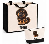 Planetee Ensemble Cabas et Trousse Dogue du Tibet | Sac Coton et Jute 21 L avec Trousse Zippée 3 L Assortie | Anses 60 cm | Cadeau Propriétaire Chien Anniversaire