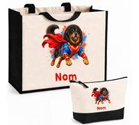 Planetee Ensemble Cabas et Trousse Dogue du Tibet | Sac Coton et Jute 21 L avec Trousse Zippée 3 L Assortie | Anses 60 cm | Cadeau Propriétaire Chien Anniversaire