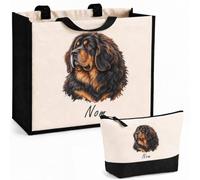 Planetee Ensemble Cabas et Trousse Dogue du Tibet | Sac Coton et Jute 21 L avec Trousse Zippée 3 L Assortie | Anses 60 cm | Cadeau Propriétaire Chien Anniversaire
