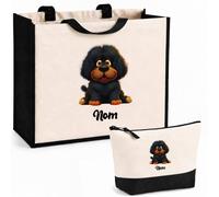 Planetee Ensemble Cabas et Trousse Dogue du Tibet | Sac Coton et Jute 21 L avec Trousse Zippée 3 L Assortie | Anses 60 cm | Cadeau Propriétaire Chien Anniversaire