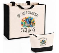 Planetee Ensemble Cabas et Trousse Être agent d'entretien c'est la vie | Sac Coton et Jute 21 L avec Trousse Zippée 3 L Assortie | Anses 60 cm | Cadeau Métier de la Propreté Anniversaire