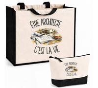 Planetee Ensemble Cabas et Trousse Être architecte c'est la vie | Sac Coton et Jute 21 L avec Trousse Zippée 3 L Assortie | Anses 60 cm | Cadeau Urbaniste Anniversaire