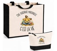 Planetee Ensemble Cabas et Trousse Être assistante maternelle c'est la vie | Sac Coton et Jute 21 L avec Trousse Zippée 3 L Assortie | Anses 60 cm | Cadeau Nounou Anniversaire