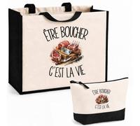 Planetee Ensemble Cabas et Trousse Être boucher c'est la vie | Sac Coton et Jute 21 L avec Trousse Zippée 3 L Assortie | Anses 60 cm | Cadeau Artisan Anniversaire
