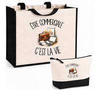 Planetee Ensemble Cabas et Trousse Être commerciale c'est la vie | Sac Coton et Jute 21 L avec Trousse Zippée 3 L Assortie | Anses 60 cm | Cadeau Métier de la Vente Anniversaire