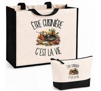 Planetee Ensemble Cabas et Trousse Être cuisinière c'est la vie | Sac Coton et Jute 21 L avec Trousse Zippée 3 L Assortie | Anses 60 cm | Cadeau Métier de la Restauration Anniversaire