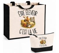 Planetee Ensemble Cabas et Trousse Être éleveur c'est la vie | Sac Coton et Jute 21 L avec Trousse Zippée 3 L Assortie | Anses 60 cm | Cadeau Agriculteur Anniversaire