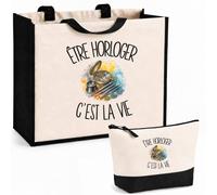 Planetee Ensemble Cabas et Trousse Être horloger c'est la vie | Sac Coton et Jute 21 L avec Trousse Zippée 3 L Assortie | Anses 60 cm | Cadeau Artisan D'art Anniversaire