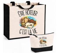 Planetee Ensemble Cabas et Trousse Être hôtelier c'est la vie | Sac Coton et Jute 21 L avec Trousse Zippée 3 L Assortie | Anses 60 cm | Cadeau Métier de L'hôtellerie Anniversaire