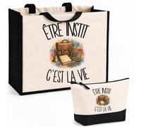 Planetee Ensemble Cabas et Trousse Être instit c'est la vie | Sac Coton et Jute 21 L avec Trousse Zippée 3 L Assortie | Anses 60 cm | Cadeau Enseignant Enseignante Anniversaire