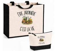 Planetee Ensemble Cabas et Trousse Être jardinière c'est la vie | Sac Coton et Jute 21 L avec Trousse Zippée 3 L Assortie | Anses 60 cm | Cadeau Métier du Végétal Anniversaire