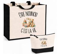 Planetee Ensemble Cabas et Trousse Être nounou c'est la vie | Sac Coton et Jute 21 L avec Trousse Zippée 3 L Assortie | Anses 60 cm | Cadeau Assistante Maternelle Anniversaire