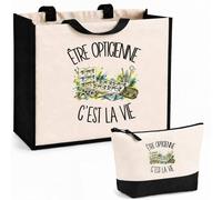 Planetee Ensemble Cabas et Trousse Être opticienne c'est la vie | Sac Coton et Jute 21 L avec Trousse Zippée 3 L Assortie | Anses 60 cm | Cadeau Professionnel et Professionnelle de Santé Anniversaire