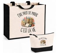 Planetee Ensemble Cabas et Trousse Être prof de maths c'est la vie | Sac Coton et Jute 21 L avec Trousse Zippée 3 L Assortie | Anses 60 cm | Cadeau Enseignant Enseignante Anniversaire