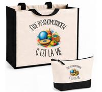 Planetee Ensemble Cabas et Trousse Être psychomotricien c'est la vie | Sac Coton et Jute 21 L avec Trousse Zippée 3 L Assortie | Anses 60 cm | Cadeau Rééducateur Rééducatrice Anniversaire