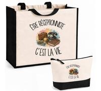 Planetee Ensemble Cabas et Trousse Être réceptionniste c'est la vie | Sac Coton et Jute 21 L avec Trousse Zippée 3 L Assortie | Anses 60 cm | Cadeau Métier de L'accueil Anniversaire
